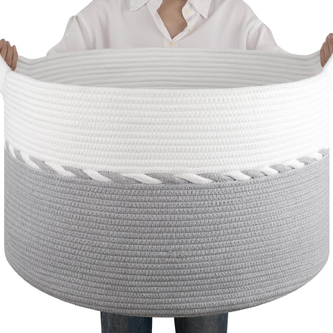 OIAHOMY 90L Blanket Basket for Living Room, Large Basket 23" x 23" x 13" with Handle, Laundry Hamper for Blankets, Pillows, Toy Storage for Kids, Dogs - Grey & White