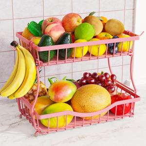Pink 2 Tier Large Fruit Basket for Kitchen Counter with 2 Banana Hangers, Metal Fruit Bowl for Onion Vegetable Bread Snack, Countertop Organizer 14.5" W x 9.5" D