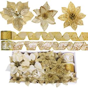 Winlyn 26 Set 3 Style Christmas Gold Glitter Poinsettia Flowers Picks Xmas Tree Ornaments and 20 Yards Decorative Gold Glittered Wired Ribbon for Christmas Tree Wreaths Garland Holiday Dcor
