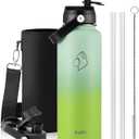 BUZIO 40oz Insulated Water Bottle, Triple Wall Stainless Steel Water Flask with 2 lids, Leakproof BPA-Free Straw Lid Sports Canteen for Sports Hiking, Cold 48H & Hot 24H- Gradient Green