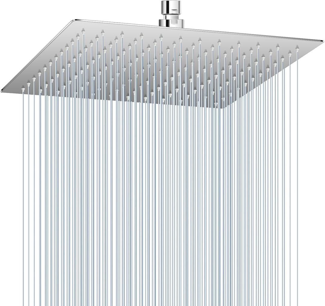 12 inch Ceiling Rain Shower Head Chrome Polished - All Metal 304 Stainless Steel, Full Body Rainrfall Shower with 144 Silicone Nozzles, Large Square Showerheads Modern Bathroom