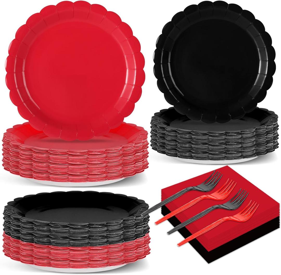 Gisgfim 200Pcs Red and Black Plates and Napkins Set Party Supplies Black Red Birthday Scalloped Carnival Disposable Tableware Dinnerware for Wedding Fiesta Halloween Birthday Table Decor 50 Guests