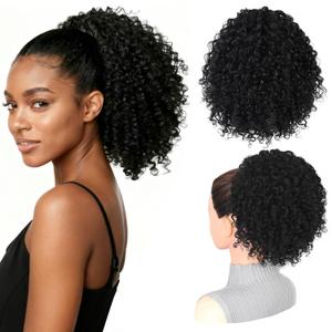 LEEONS Drawstring Ponytail for Black Women, 10 Inch Afro Kinky Curly Updo Hair Piece with 4 Secure Clips, Soft Texture for Daily & Party Wear (1B Natural Black)