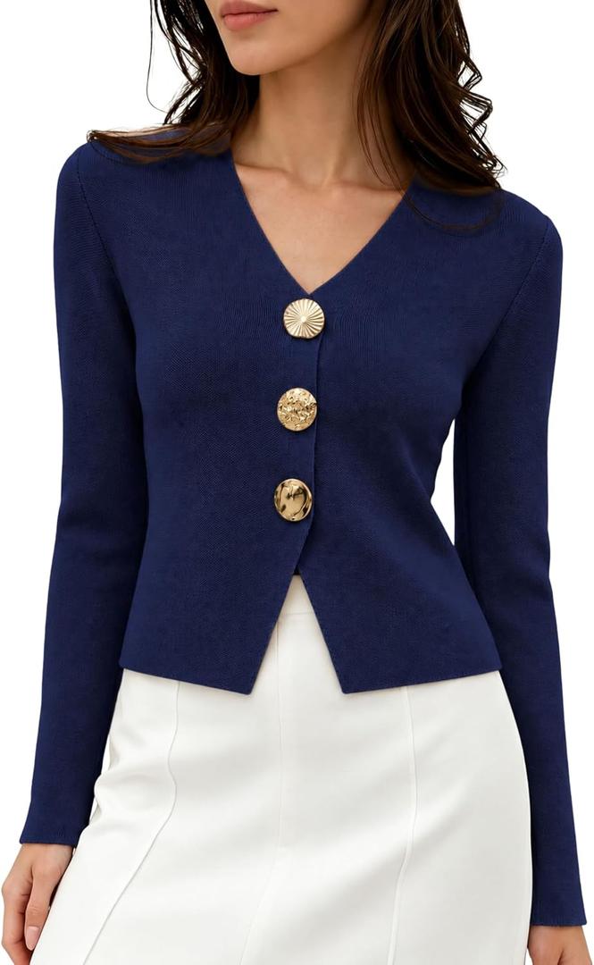 Daacee Women Cropped Gold Button Sweaters Structured Long Sleeve Cardigan (Blue, M)