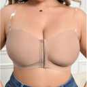 OYOANGLE Women's Plus Size Front Closure Push Up Strapless Bandeau Bra Wireless Tube Bralettes with Clear Strap (Beige)