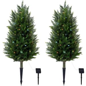Pair Artificial Cedar Topiary Christmas Trees, 3ft UV-Resistant Faux Cypress shrubs w/Ground Spikes (Including Lights),Tall Evergreen Decorative Plants for Outdoor & Indoor Porch, Patio, and Garden