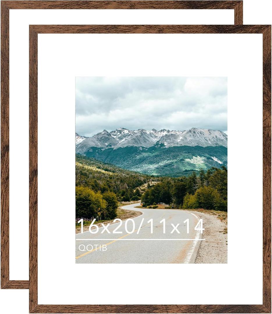 Wood 16x20 Picture Frame with 11x14 Mat, Display 11x14 with Mat or 16x20 Without Mat, Wood 16 by 20 Photo Frame, 16 x 20 Frame for Wall Hanging Display, Deep Brown, 2 Pack