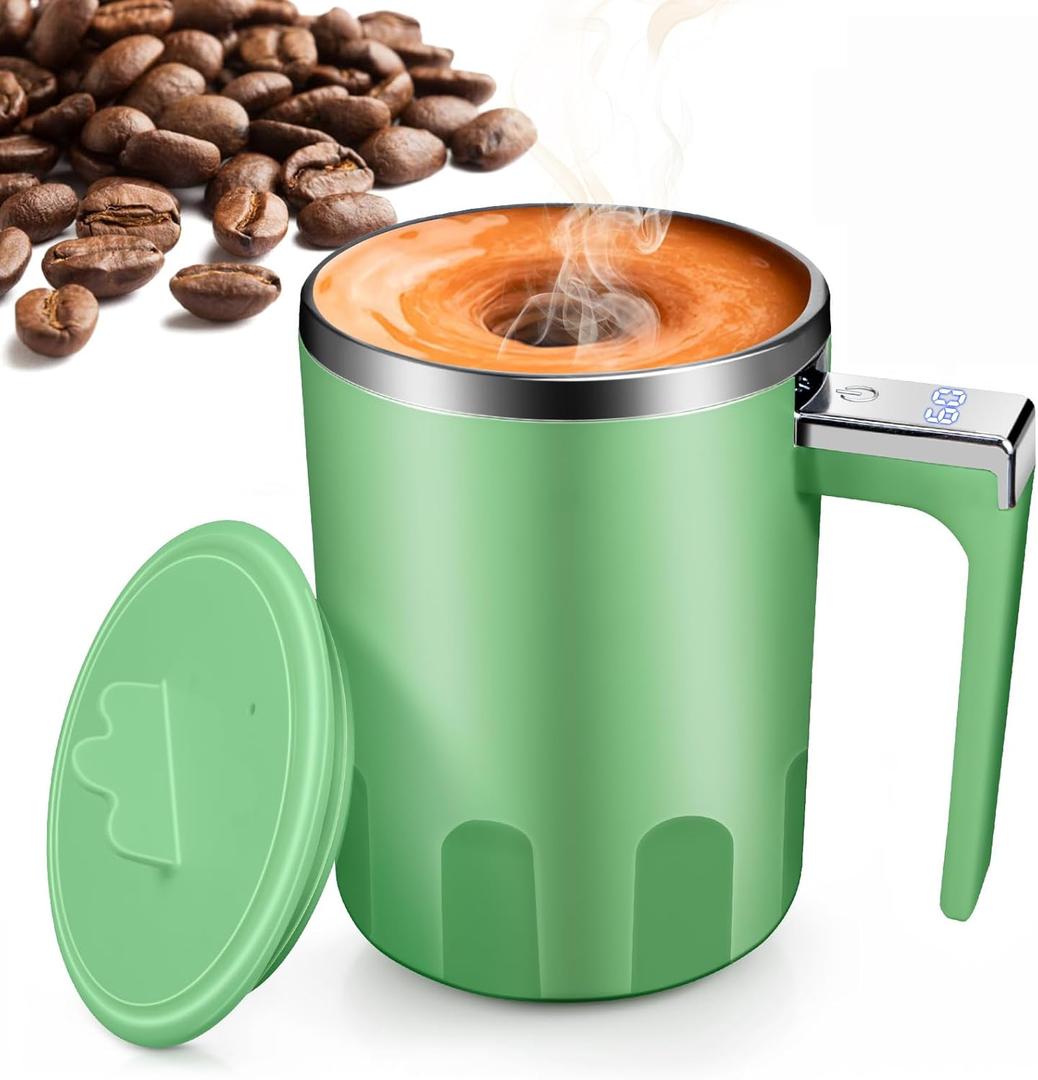 Self Stirring Coffee Mug: 2025 New Rechargeable Auto Magnetic Stirring Mixing Mug with Temperature Display,13oz Stainless Steel Travel Coffee Cup for Office, Home, Kitchen, Best Gift (Green)