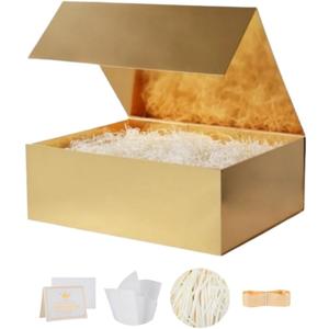 UoeRing 1 Pcs Gold Gift Box Large 13.5x11.8x4.7 inch Luxury Gift Box for Presents with Magnetic Closure Lid Collapsible,Birthday,Contains Card, Ribbon, Tissue Paper,Shredded Paper Filler