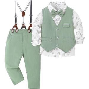 ZOEREA Toddler Boy Suit Formal Wedding Outfits Gentleman Clothes Long Sleeve Shirt + Suspender Pants + Bowtie (Light Green, 12-18 Months)