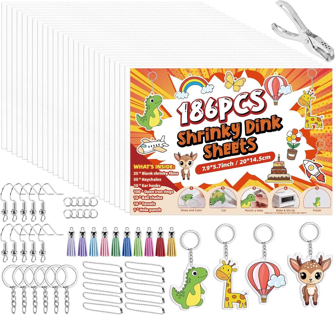 186 Shrinky Dink Sheets kit, Shrinky Sheets Keychain kit Including 25 Sheets Shrinky Plastic Paper, Tassels, Keychain, Open Iron Ring, Earrings, Pearl chain and Hole Punch for Creative Craft Marking