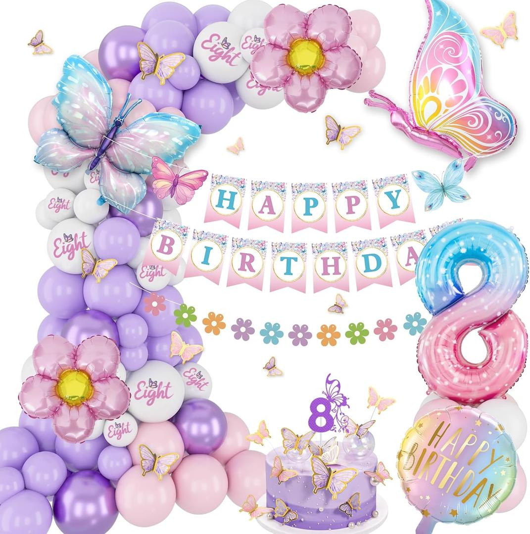 8th Birthday Decorations for Girls, 8 Year Old Birthday Decoration Girl Butterfly with Number 8 Balloon Happy Bday Banner Pink and Purple Balloons Eight Bday Decor Girls