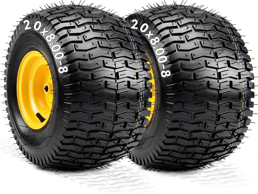 YITAMOTOR 20x8.00-8 Lawn Mower Tires & Wheel Assemblies, 4 Ply Tubeless Front Tires Replacement Fits Lawn Tractors, More Riding Mowers & Garden Vehicle | 3/4" Bore Hole, 3/16" Keyway, 960LBS (2 Pack)