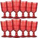 Eaasty Wine Glasses Set of 12 Vintage Goblet 9 oz Vintage Colored Glass Goblet Beverage Stemmed Glass Cups Romantic Embossed Glassware for Wedding Party Holidays Anniversary (Red)