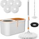 Spin Mop Bucket with Wringer System Extended Mop Handle 61Mop and Bucket for Floors Cleaning with 5 Replacement Head Refill 1 Cleaning Brush Head