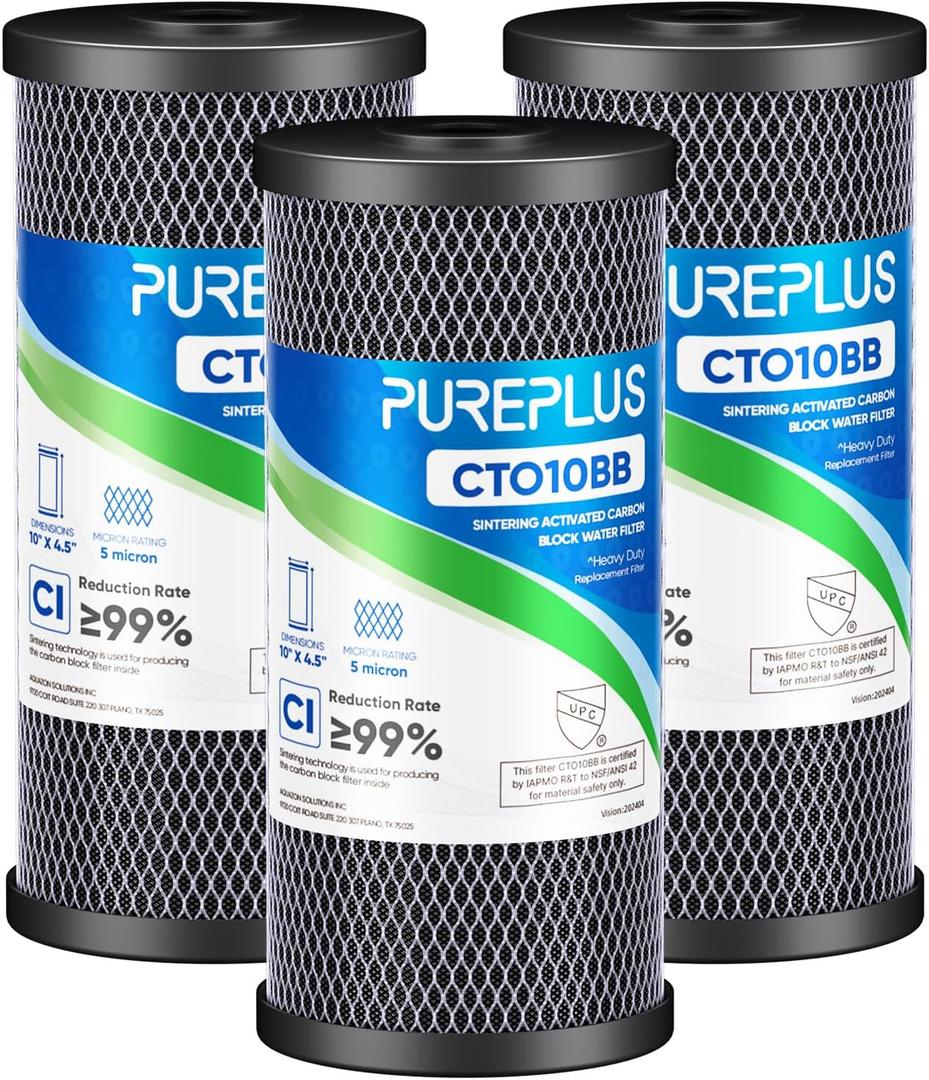 PUREPLUS Coconut Shell Water Filter Cartridge | Activated Carbon Block CTO | Universal Whole House 5 Micron 10 inch Cartridge | Compatible with WFHDC8001, CB-BB-10, EPM, EP-BB, 3Pack