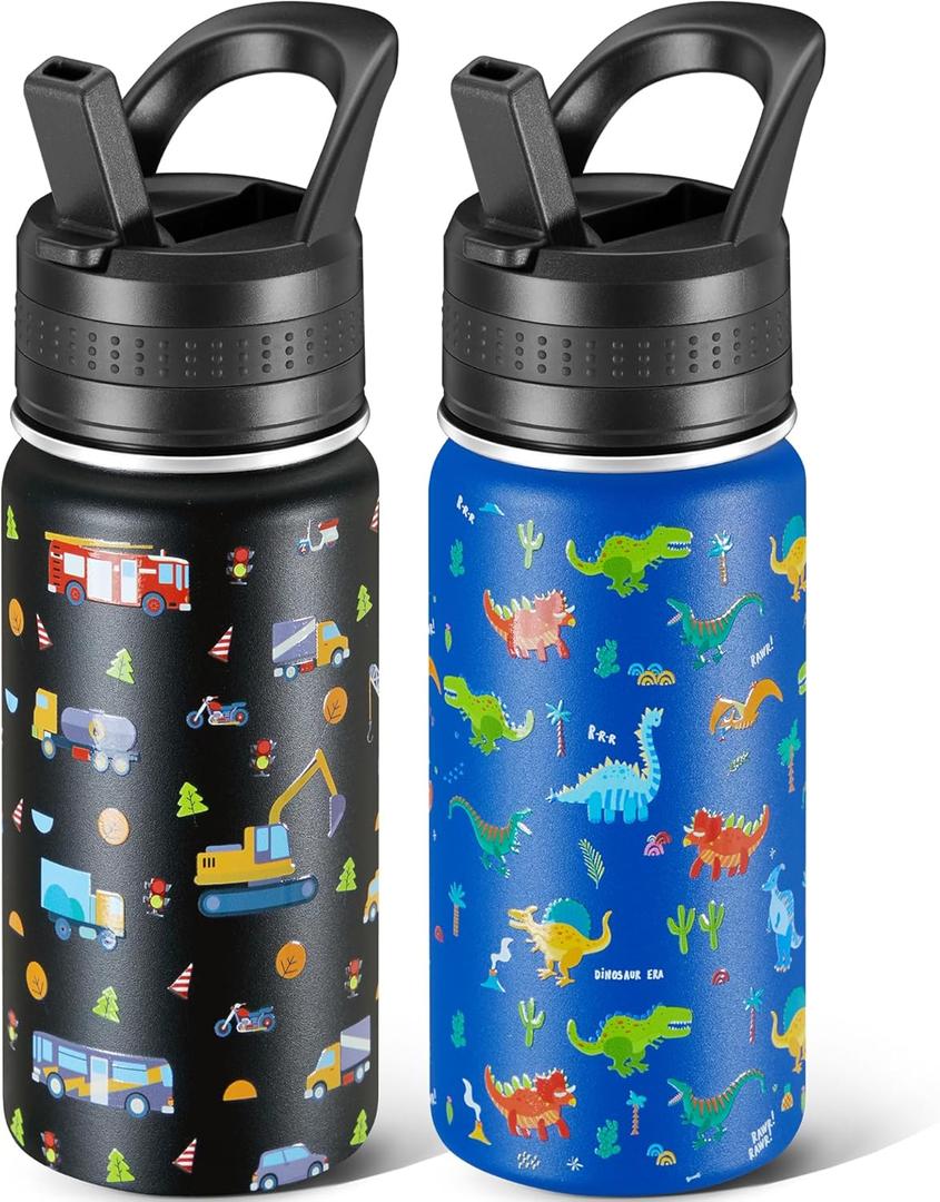 2 Pack Kids Water Bottle,14 Oz Stainless Steel Water Bottle with Straws, Leak-Proof, BPA-Free, Insulated Water Bottles for School Boys & Girls|Black Car + Blue Dinosaur