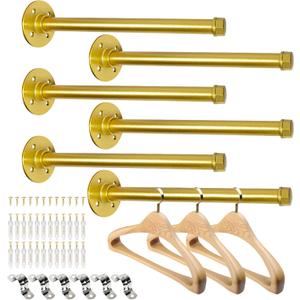 6 Pcs Industrial Pipe Clothes Bar 12 Inch - Wall Mount Clothing Rack - Face Out Closet Rods for Hanging Clothes Commercial Retail Boutique Laundry Shirt Display - Golden