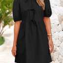 PRETTYGARDEN Womens 2025 Summer Casual Short Sleeve Dresses A Line Bow Tie Front Babydoll Loose Cute Mini Dress with Pockets (Black,Medium)