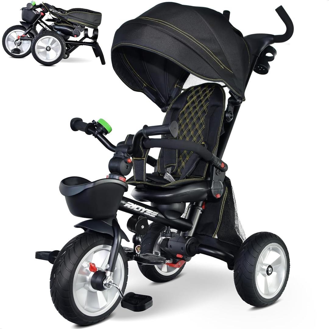 7-in-1 Folding Toddler Tricycle for 18 Months to 5 Years, Tricycle Stroller with Dual Brakes, All-Terrian Rubber Tire, Tricycle for Toddlers with Rotatable Seat, Adjustable Push Handle, Black