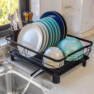 Dish Drying Rack for Kitchen Counter,Space-Saving Dish Rack with Drainboard,Rustproof Countertop Dish Drainer with Utensil Holder for Sink,Black (1-tier-black)