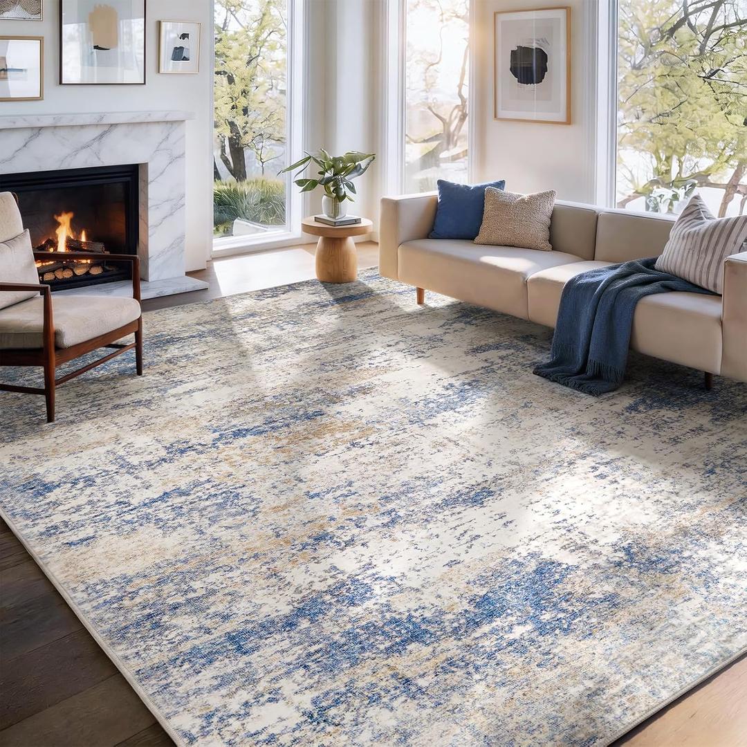 Washable Area Rug Living Room Rugs-8x10 Large Soft Non-Slip Carpet for Bedroom Dining Room Modern Abstract Neutral Low Pile Floor Rugs Stain Resistant Indoor Nursery Home Office,Blue Brown