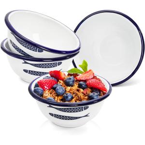 Peohud Set of 4 Enamel Bowls, 16 Oz Classic Round Cereal Bowl with Blue Rim, Vintage Enamelware for Salad, Soup, Fruit, Oatmeal