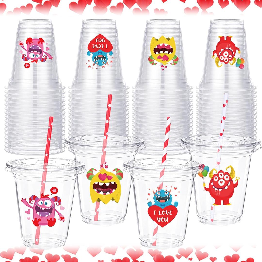 Eaasty 20 Sets Valentine's Day Plastic Cups with Lid and Straws, 12 oz Clear Disposable Valentines Monster Cups Party Supplies with Stickers for Iced Coffee Juice Beverage Drinking