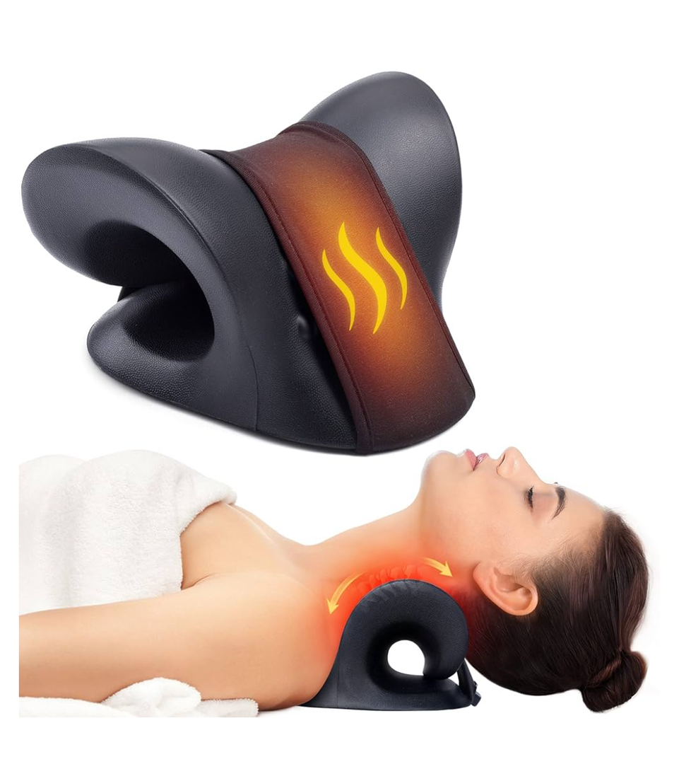 Neck Stretcher for Neck Pain Relief, Heated Cervical Traction Device Pillow with Graphene Heating Pad, Neck and Shoulder Relaxer for TMJ Pain Relief and Cervical Spine Alignment (Black)