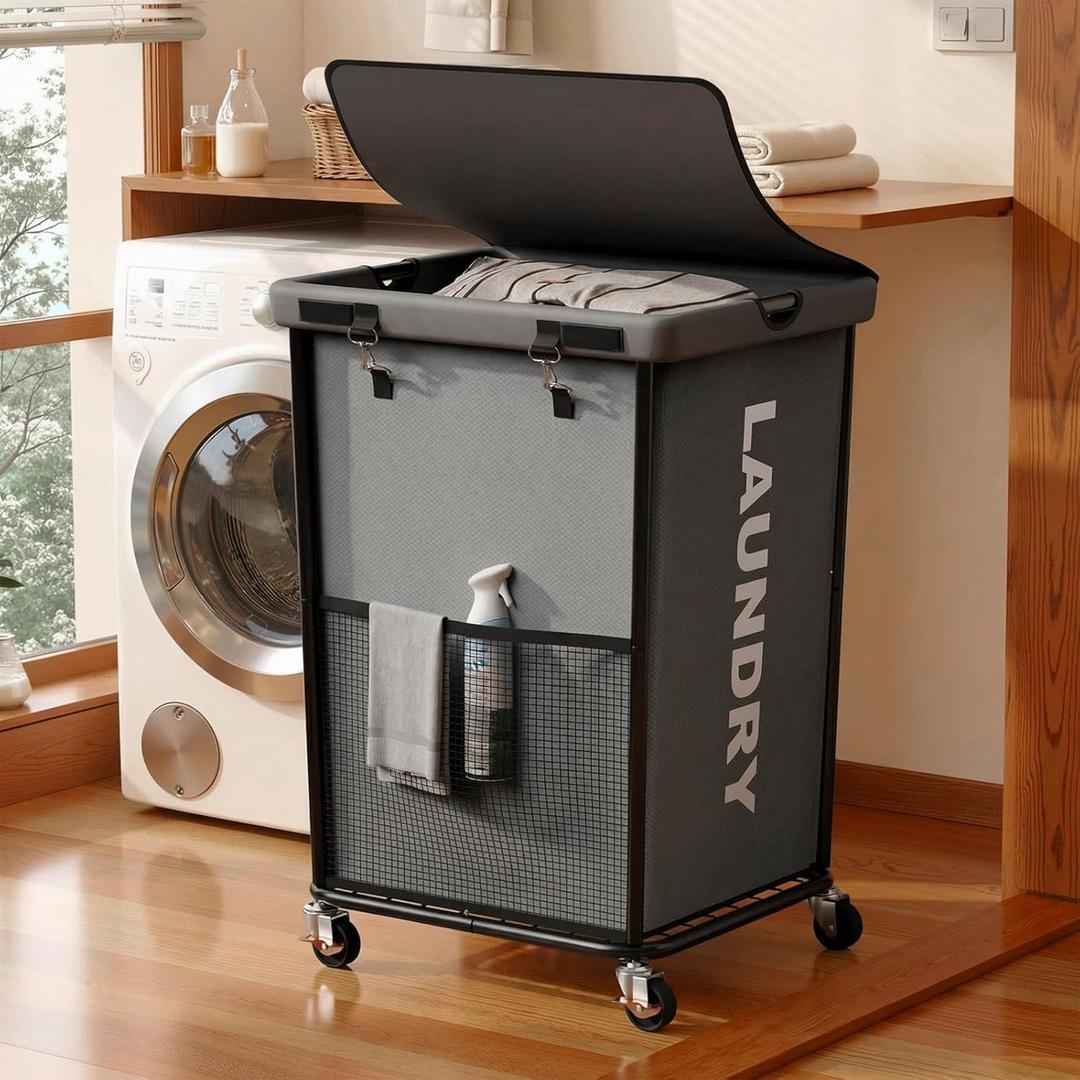 150L Laundry Basket with Wheels, Rolling Laundry Hamper with Cloth Cover, Laundry Cart with Metal Frame & Removable Bag, Large Dirty Clothes Hampers for Bedroom Aesthetic, Laundry Room Bathroom, Grey
