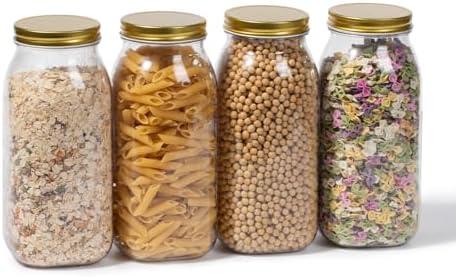 novelinks 4 Pack 64 OZ Plastic Wide Mouth Mason Jars with Airtight Lids - Wide Mouth Half Gallon Large Mason Jar 64 OZ Storage Canning Jar for Kitchen & Household Storage (Gold)