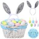SiliFine Easter Bunny Gift Basket Set Include Wicker Basket with Liner Gingham, Easter Bunny Headband, Easter Eggs, Raffia Paper Grass, Easter Gift for Party Favor Decoration(Blue)
