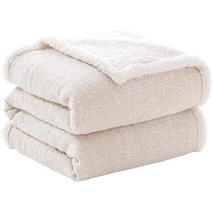 SE SOFTEXLY Throw Blanket, Reversible Sherpa Blanket with 30% Wool and 70% Cotton, Fuzzy Plush Fluffy Soft Blanket, Fall Winter Blanket for Couch Bed Sofa Chair (Cream, 50" x 60")