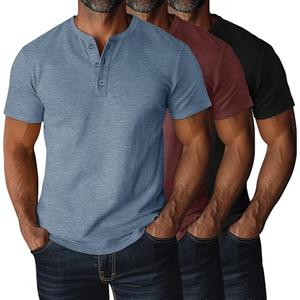 Ficerd 3 Pack Men's Big and Tall Henley T-Shirts Short Sleeve Plus Size Tee Loose Casual Shirts Basic Oversized Tops(Black, Burgundy, Light Haze Blue,X-Large)