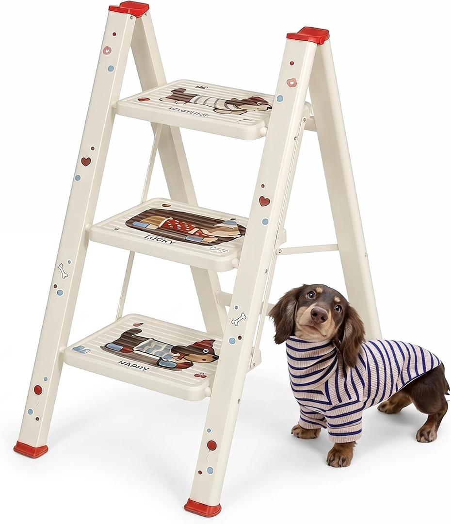 3 Step Ladder,Lightweight Folding Step Stool with Dachshund Print | Anti-Slip Pedal,600 lbs Capacity Heavy Duty Step Stool,Sturdy Step Ladder for Home, Kitchen, Adults