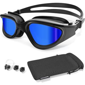 Swim Goggles, Tenfold Long-lasting Anti Fog Swimming Goggles for Adult Men Women, No Leakage with Nose Clip Earplugs (F/All Black/Blue Mirrored Lens)