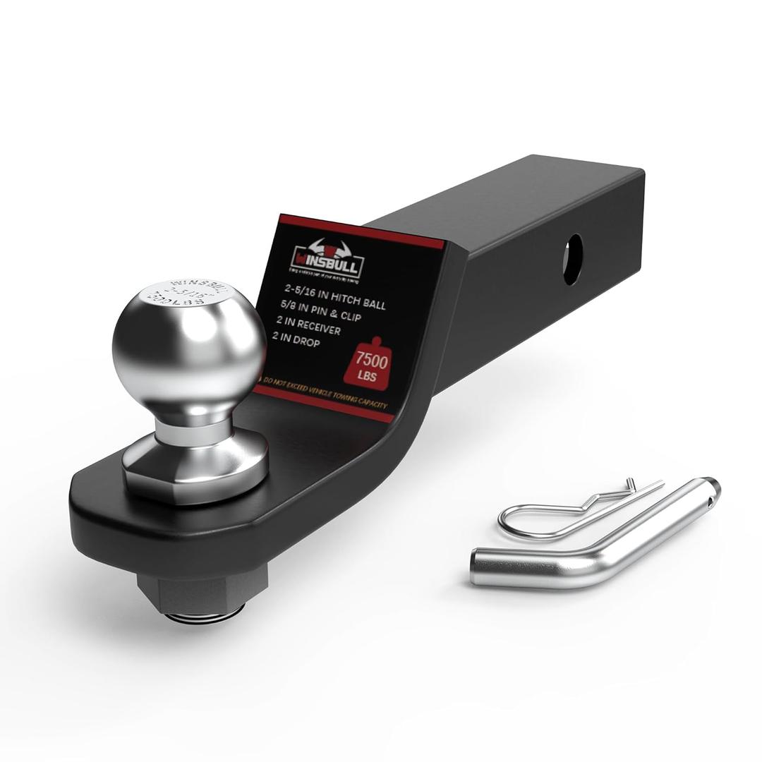 WINSBULL 25/16 Inch Ball Trailer Hitch 2 in Drop Receiver Hitch with 2 in Shank & Hitch Pin for Truck Towing Ball Mount, 7,500 LBS GTW, Black