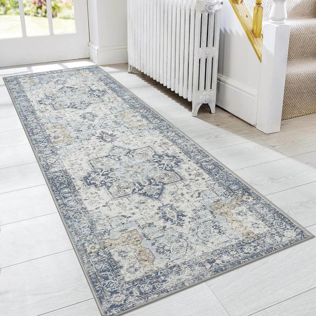 GENIMO Runner Rug 2x7, Machine Washable Runner, Non Slip Vintage Hallway Runner Rug, Low Pile Lightweight Rugs for Entryway, Hallway, Corridor and Kitchen, Blue