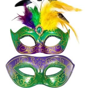 Masquerade Mask for Couple with Feathers - Womens Feather Carniva Masks & Men Venetian Mask for Halloween, Christmas (Mardi Gras)