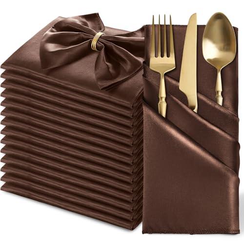 MILVOWOC 24 Pack Square Chocolate Brown Satin Napkins 20 x 20 Inch Soft Silk Dinner Napkins Smooth Decorative Table Napkins, Silky Cloth Napkins for Weddings Dinner Restaurant Party Decoration