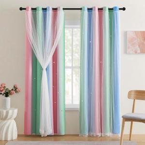XiDi Pink & Rainbow Curtains for Kids & Girl Bedrooms - Blackout, Unicorn Wall Decals, 52x63 Inch (Pink Green Blue)