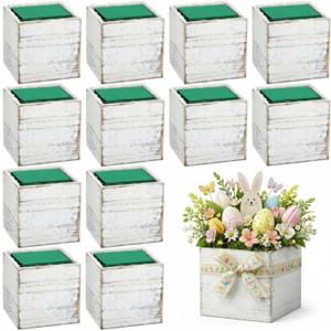 Dandat 12 Sets Wooden Cube Planter Boxes for Centerpiece 4 Inch Flower White Wood Rustic Square Vase with Removable Plastic Liner Floral Foam Block for Garden Wedding Home Arrangement Decor