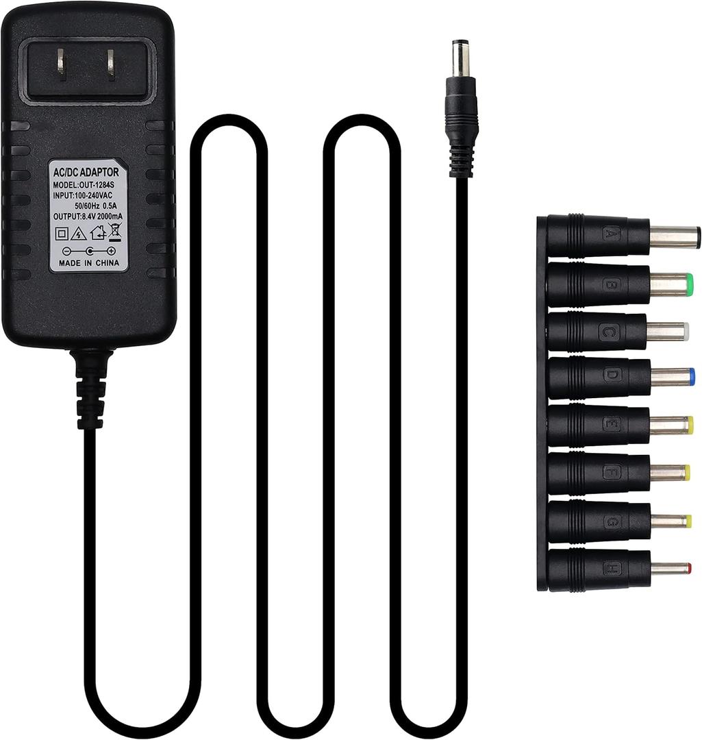 EIKS Universal AC/DC 8.4V 2A Power Adapter Wall Charger for 18650 Battery LED Strip Shaver Groomer Clipper, with 8 Selectable Tips (8.4V-2A)