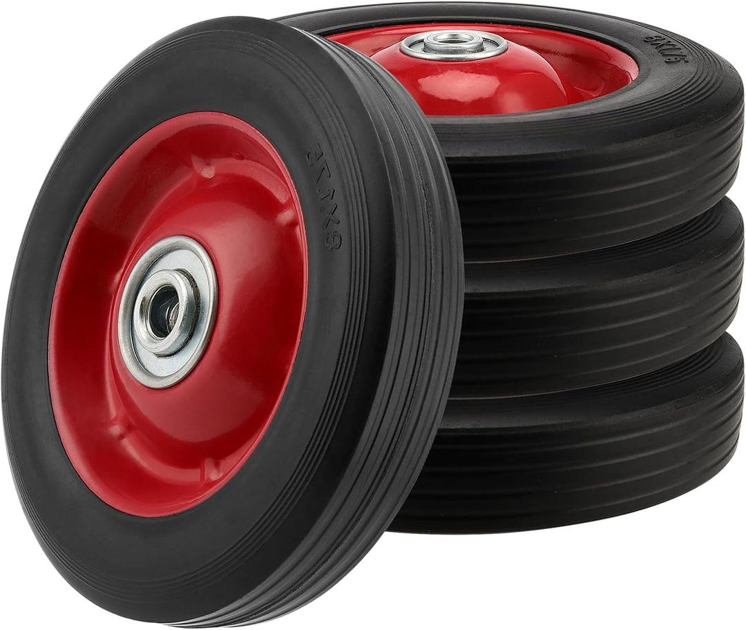 4 PCS 8 x 1.75 Inch Solid Rubber Tire, Black Red Solid Rubber Wheels with 1/2 Inch Axle, Hand Truck Replacement Wheels for Garden Carts, Wheelbarrows
