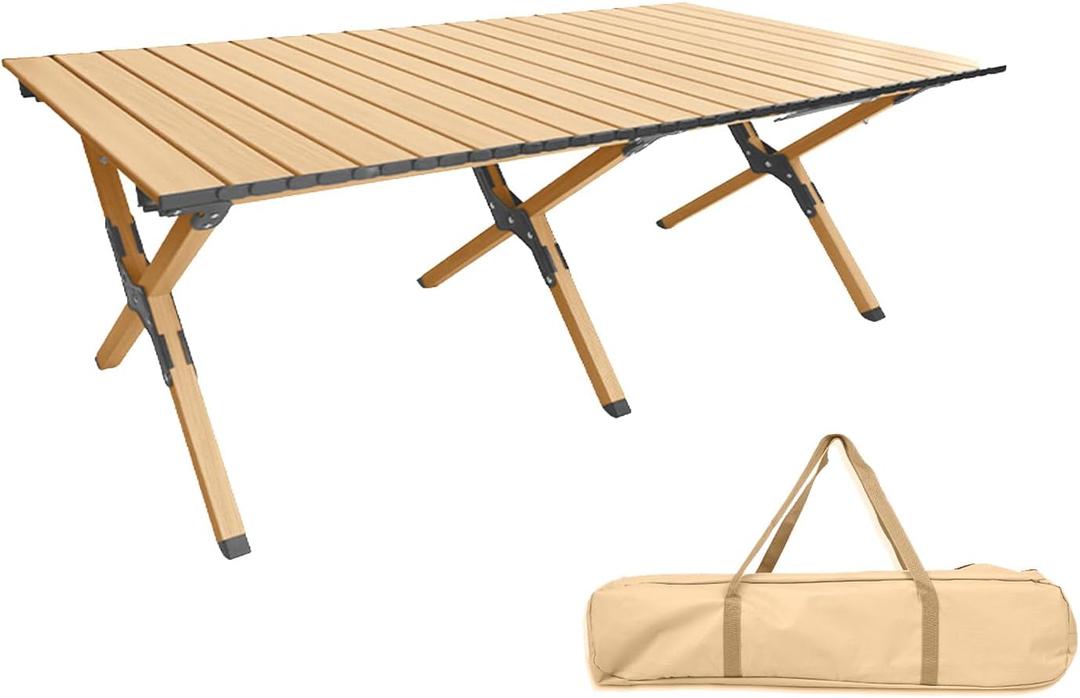 Folding Camping Table, Roll-Up Folding Table with Carry Bag, Portable Aluminum Picnic Table, Low Height Beach Table for Outdoor Use, Travel, BBQ & Hiking, Easy Assembly (Natural), 23.62" x 45.67" x 17.72"
