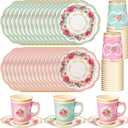 Domensi 60 Pieces Tea Party Decorations Include 30 Pcs 9 oz Paper Cups with Handle and 30 Pcs Tea Party Paper Plates Disposable Blossom Teacups and Saucers for wedding Favors(Assorted Style)