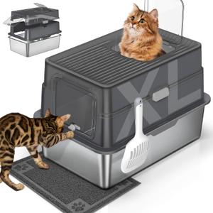 Stainless Steel Cat Litter Box with Lid, XL Extra Large Litter Box for Big Cats, 3-in-1 Enclosed Metal Pet Toliet with High Wall Sides Enclosure & Scoop Mat, Anti-Leakage, Non-Sticky, Easy Cleaning (Grey)