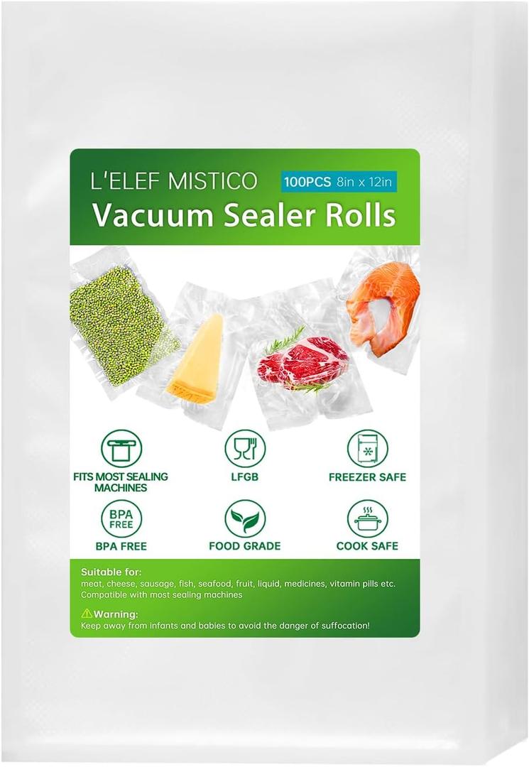 L'ELEF MISTICO Precut Vacuum Sealer Bags for Food, 100 Quart 8" x 12" BPA Free Food Saver, Vacuum Storage for Sous Vide and Freezer