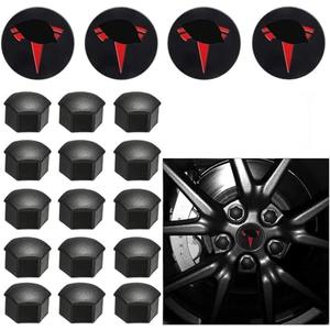 Car Wheel Center Hub Cap Kit with Logo, Hubcaps Accessories for TES la Model 3 Model Y 4 Black & red Hub Center Caps + 22 Black Lug Nut Covers (Black&Red)