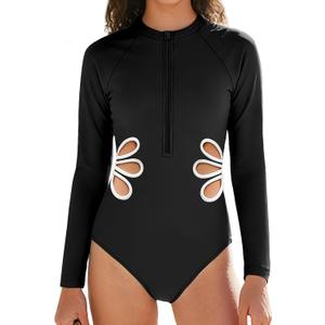 Girls Rash Guard Swimsuit UPF 50+ Long Sleeve Side Cutout Girl One Piece Swim Suit Bathing Suit Girls Swimwear  (15-16 Years, Black)